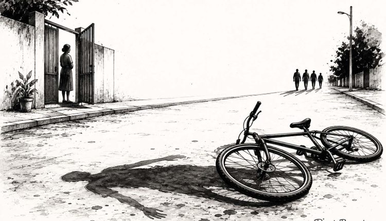 Ilustração em preto e branco mostra uma bicicleta caída no asfalto, cuja sombra forma a silhueta de uma pessoa, enquanto figuras se afastam ao fundo.
