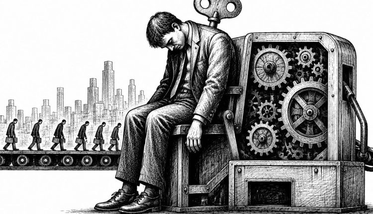 A ilustração, executada em nanquim no estilo das antigas gravuras editoriais dos grandes jornais, retrata um homem de negócios completamente exausto, sentado em uma máquina movida por engrenagens. Atrás dele, uma fila de trabalhadores caminha sobre uma esteira rumo a uma cidade ao fundo. A composição utiliza a metáfora da mecanização da vida econômica para dialogar com o romance "Almas Mortas", de Nikolai Gogol, e com o ensaio sobre a financeirização, a aparência de riqueza e o desgaste humano nas estruturas do capitalismo contemporâneo.