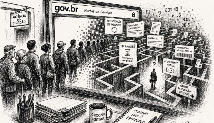 Ilustração em nanquim mostra cidadãos entrando por uma tela de serviços públicos digitais e desaparecendo em um labirinto de protocolos, autenticações, exigências documentais e processos “em análise”.