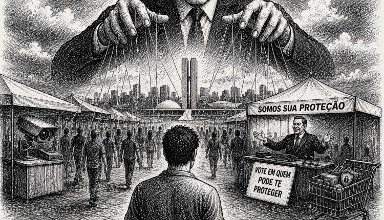 Ilustração em nanquim mostra uma multidão sob fios controlados por uma figura gigante de terno. Em primeiro plano, um homem observa barracas de segurança e um candidato que promete proteção aos eleitores.