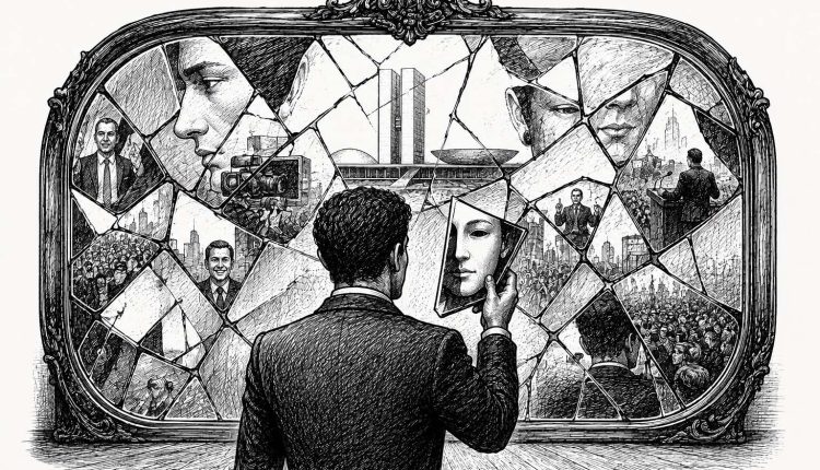 Ilustração em nanquim mostra um homem diante de um grande espelho quebrado. Nos fragmentos aparecem diferentes rostos, multidões, câmeras, discursos públicos e imagens da sociedade contemporânea. O homem segura um dos pedaços do espelho diante do próprio rosto.