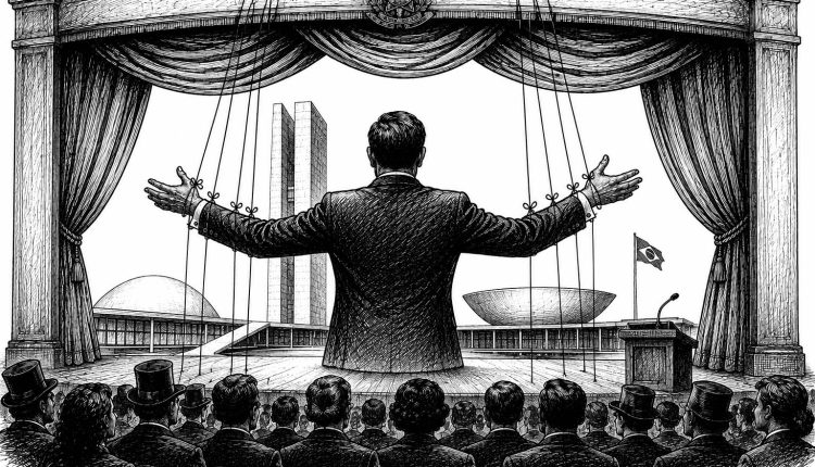 Ilustração em nanquim representando um palco teatral onde um personagem de costas, controlado por fios de marionete, conduz a cena diante de edifícios inspirados em Brasília e de uma plateia. A imagem simboliza a teatralização do poder e a disputa por narrativas na política contemporânea.