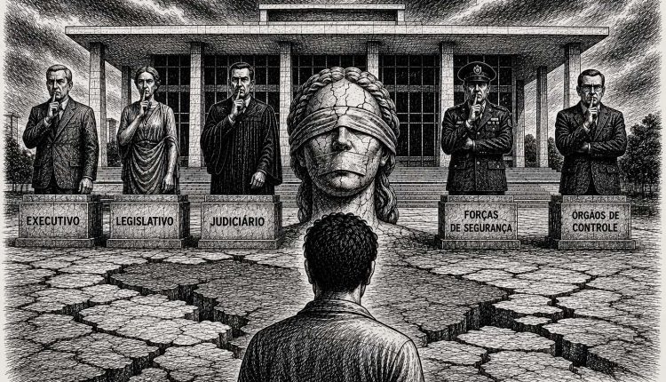 Ilustração em nanquim mostra um cidadão diante de representantes de instituições públicas fazendo gesto de silêncio, enquanto ao centro uma figura simbólica da Justiça aparece com olhos e boca cobertos.