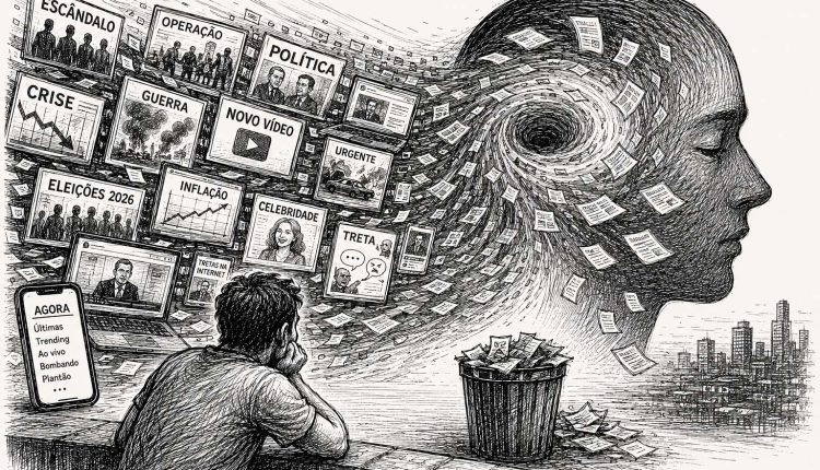 Ilustração em nanquim mostra uma pessoa diante de várias telas com notícias sobre política, crises, guerras, eleições e escândalos. As informações formam um redemoinho que entra na cabeça de uma grande figura humana.